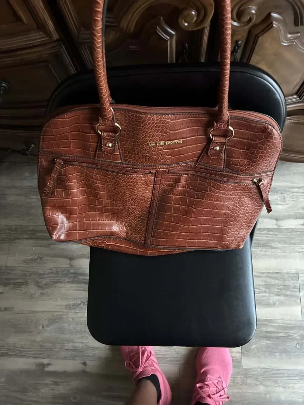 Liz Claiborne Brown Faux Croc Embossed Satchel Shoulder Bag